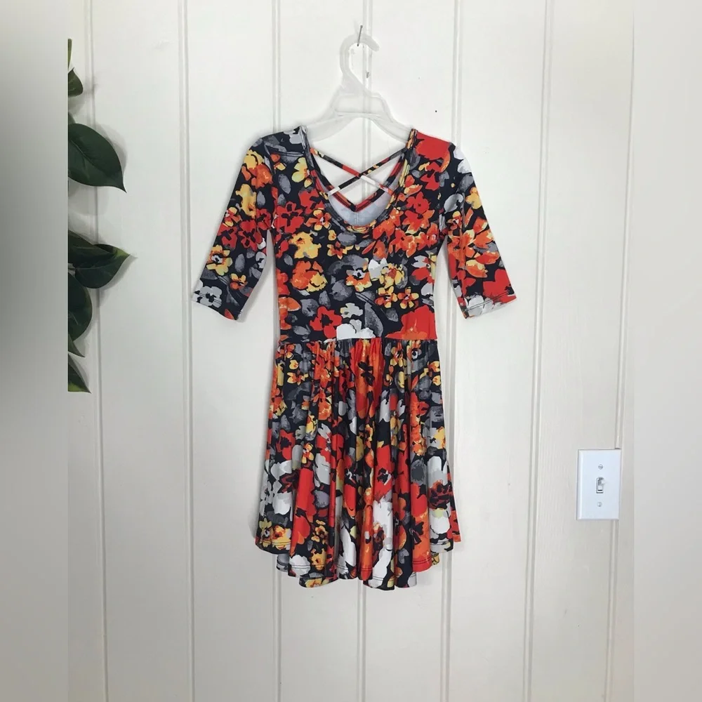 Girls Dot Dot Smile Multicolor Round Neck Graphic Flower Floral Dress 5 / 6 XS